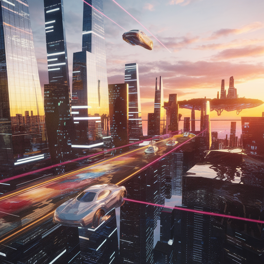 Futuristische 3D-Stadtlandschaft bei Sonnenuntergang