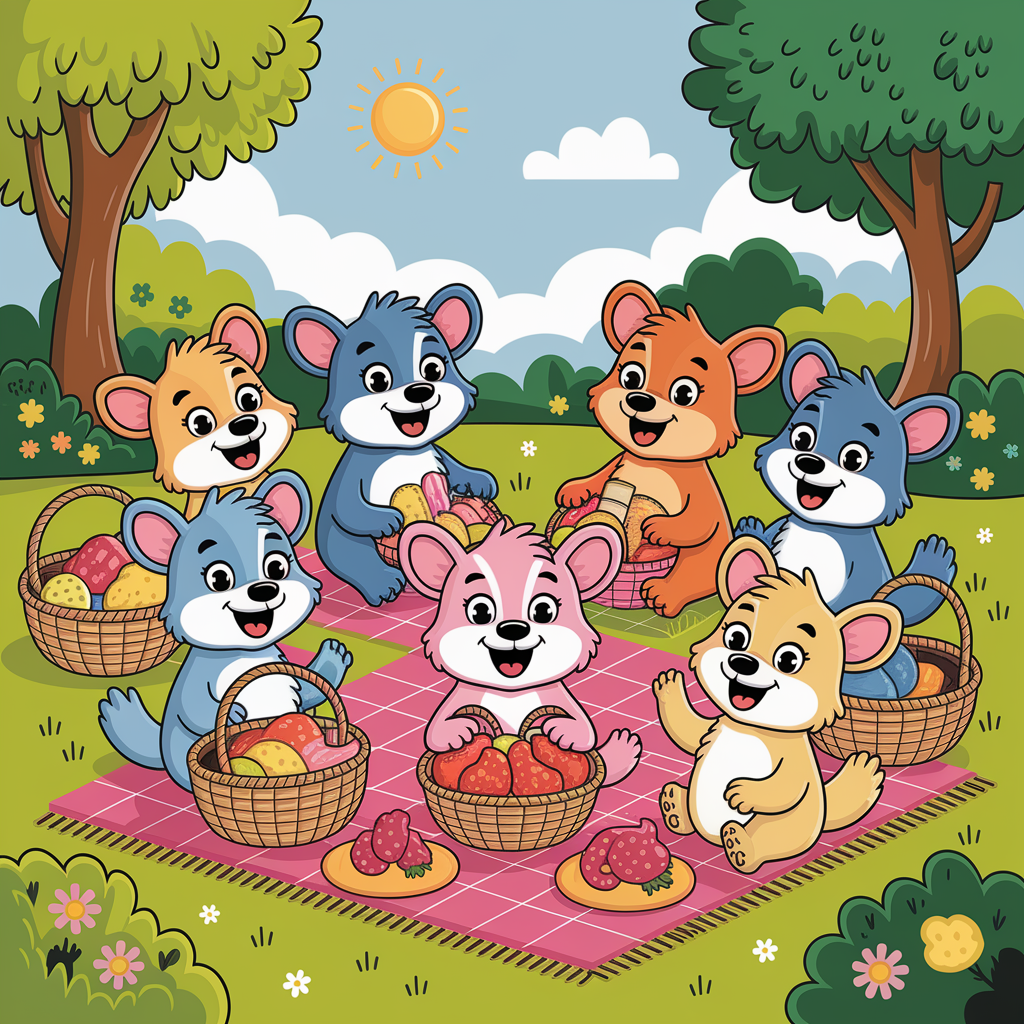 Animales Alegres en un Picnic en el Parque de Dibujos Animados