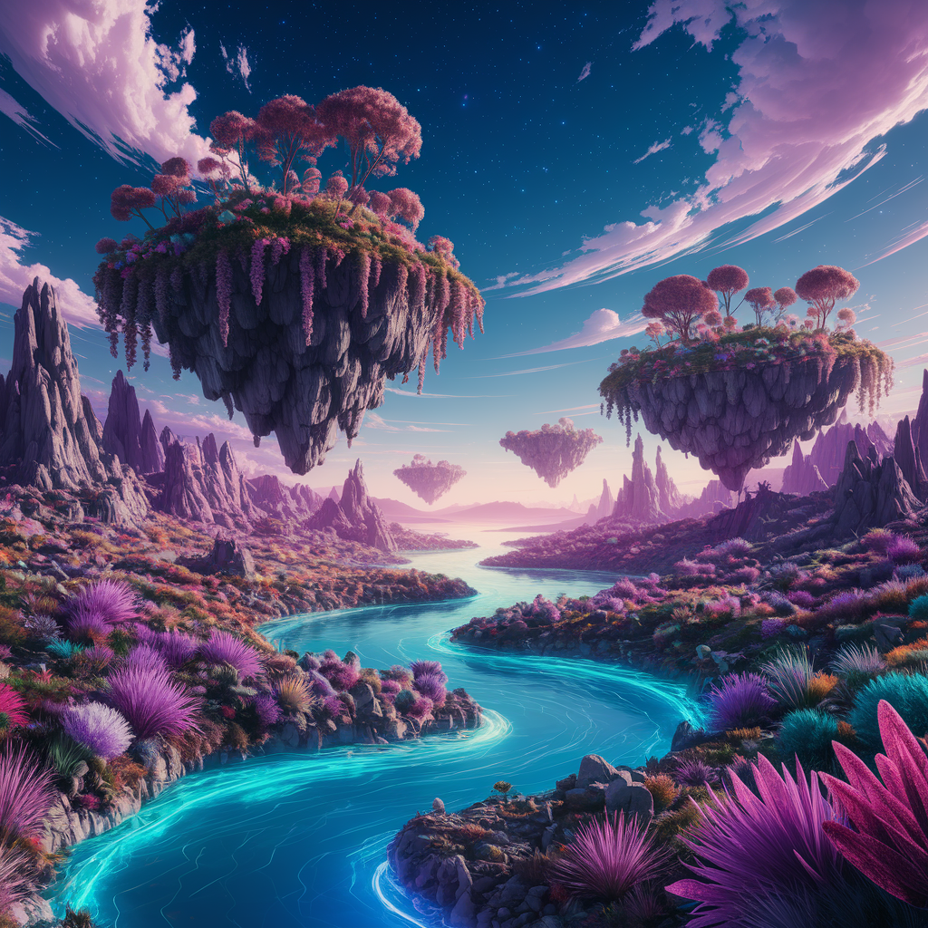 Paisaje Onírico Surrealista: Islas Flotantes y Ríos Brillantes