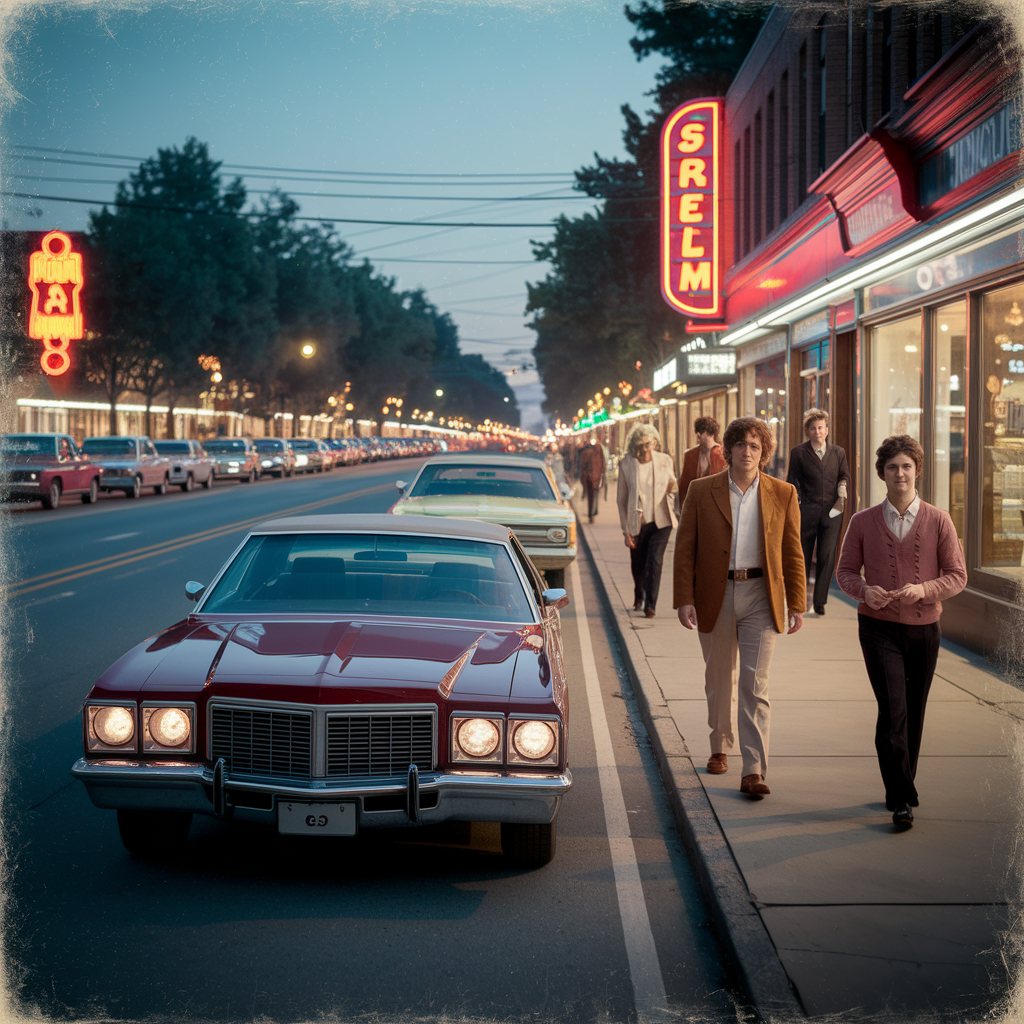Recuerdos de neón: Calle de los años 70 al anochecer