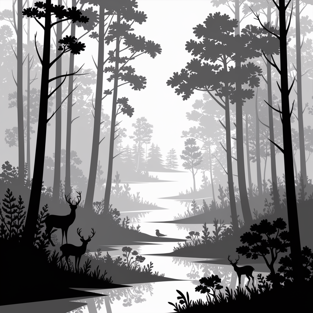 Amanecer Fantasioso en Tinta: Una Escena de Bosque
