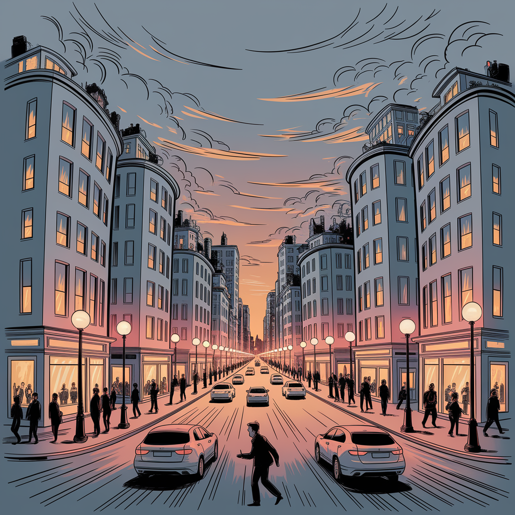 Boceto Fantástico de Ciudad al Atardecer