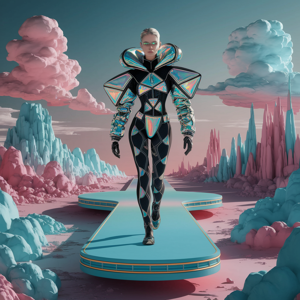 Moda Futurista Surrealista en una Pasarela de Ensueño