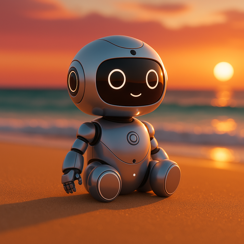 KI-generiertes Bild eines kleinen Bots, der am Strand bei Sonnenuntergang sitzt