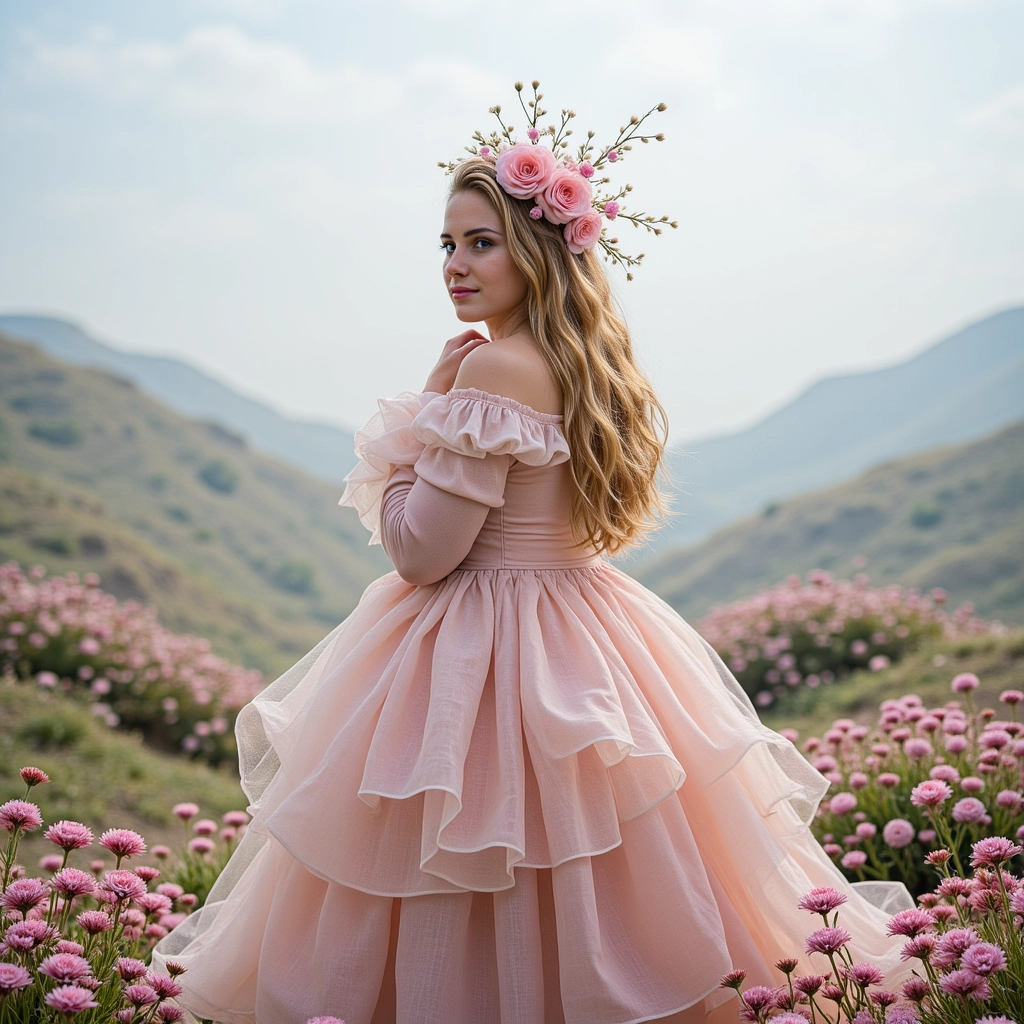 Ein Mädchen in einem rosa Kleid mit heidnischem Kopfschmuck