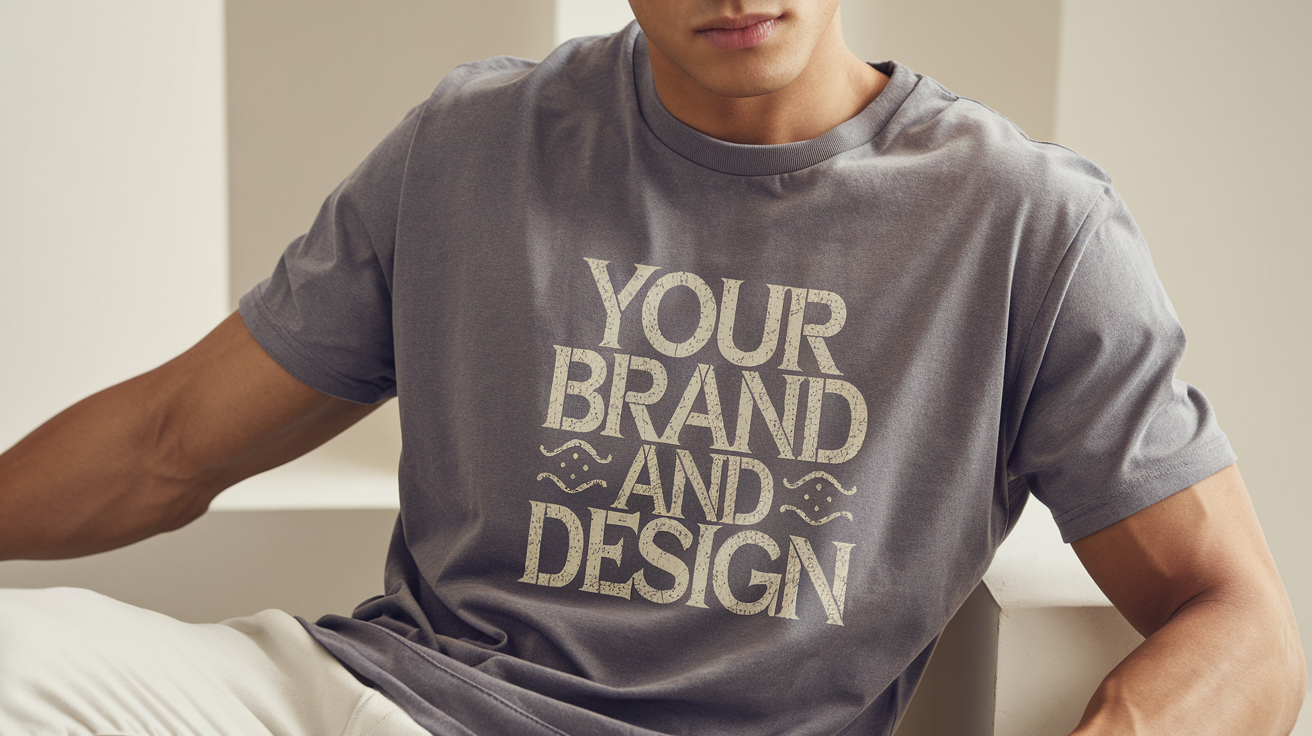 KI-generiertes Bild eines Mannes mit einem T-Shirt-Design und dem Text 'your brand'.