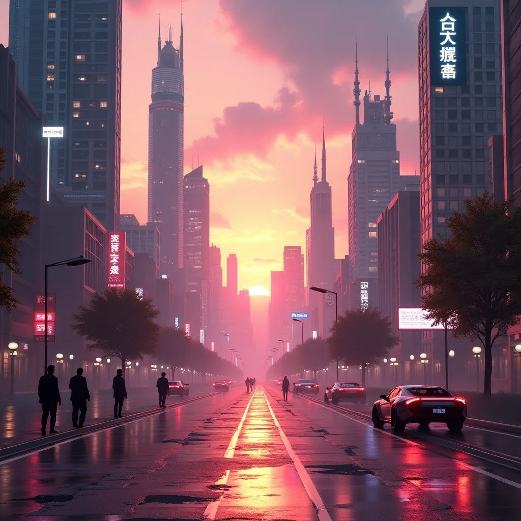 Cielos de neón: Ciudad futurista al atardecer
