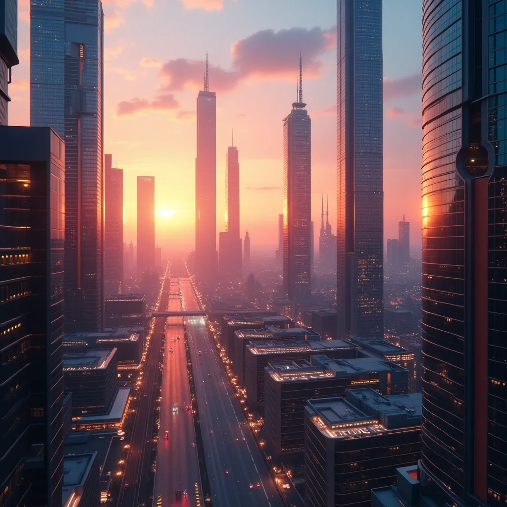 Cielos de neón: Ciudad futurista al atardecer