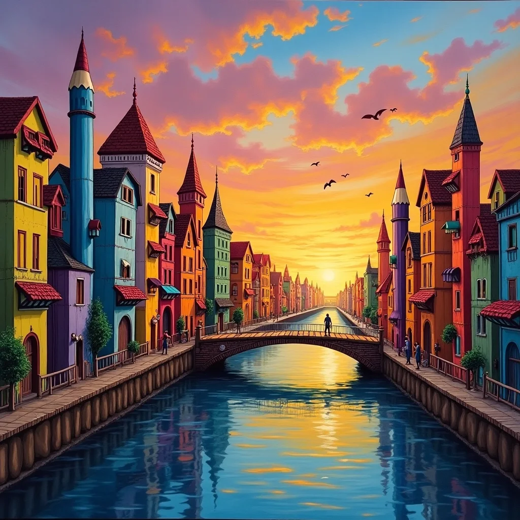 Ciudad Fantasiosa de Lápices al Atardecer