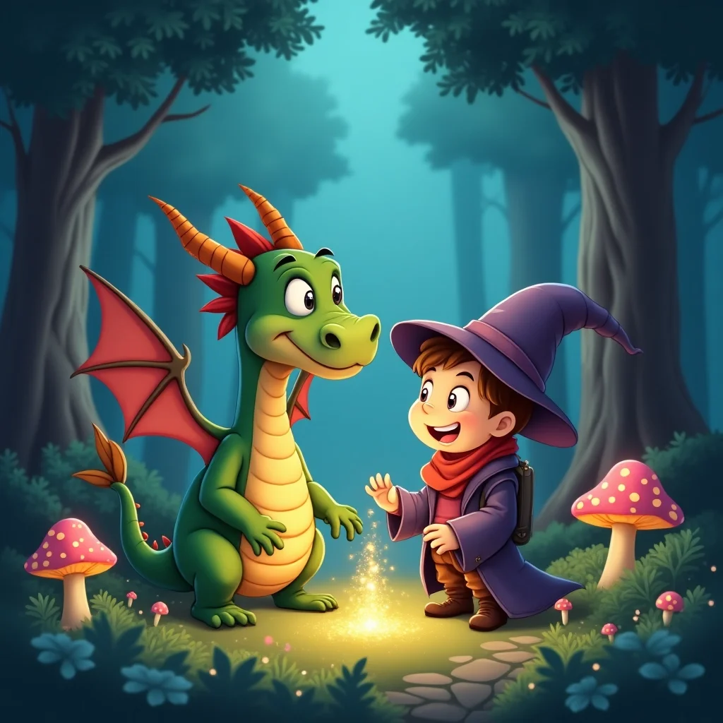 Dragón caprichoso y joven mago en un bosque encantado