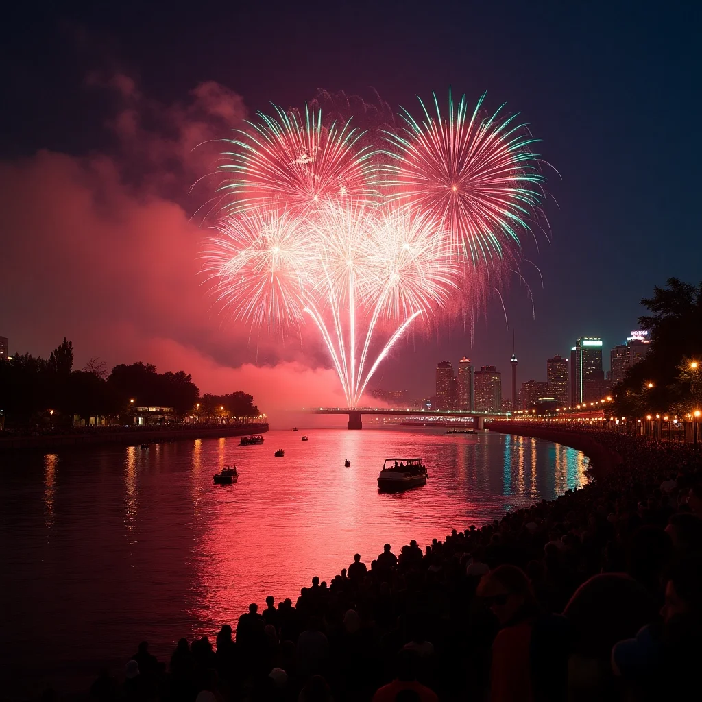 Fuegos artificiales sobre el río de la ciudad
