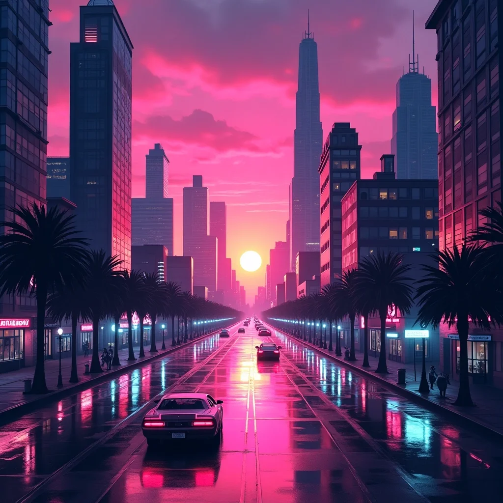 Atardecer Retrowave en la Ciudad