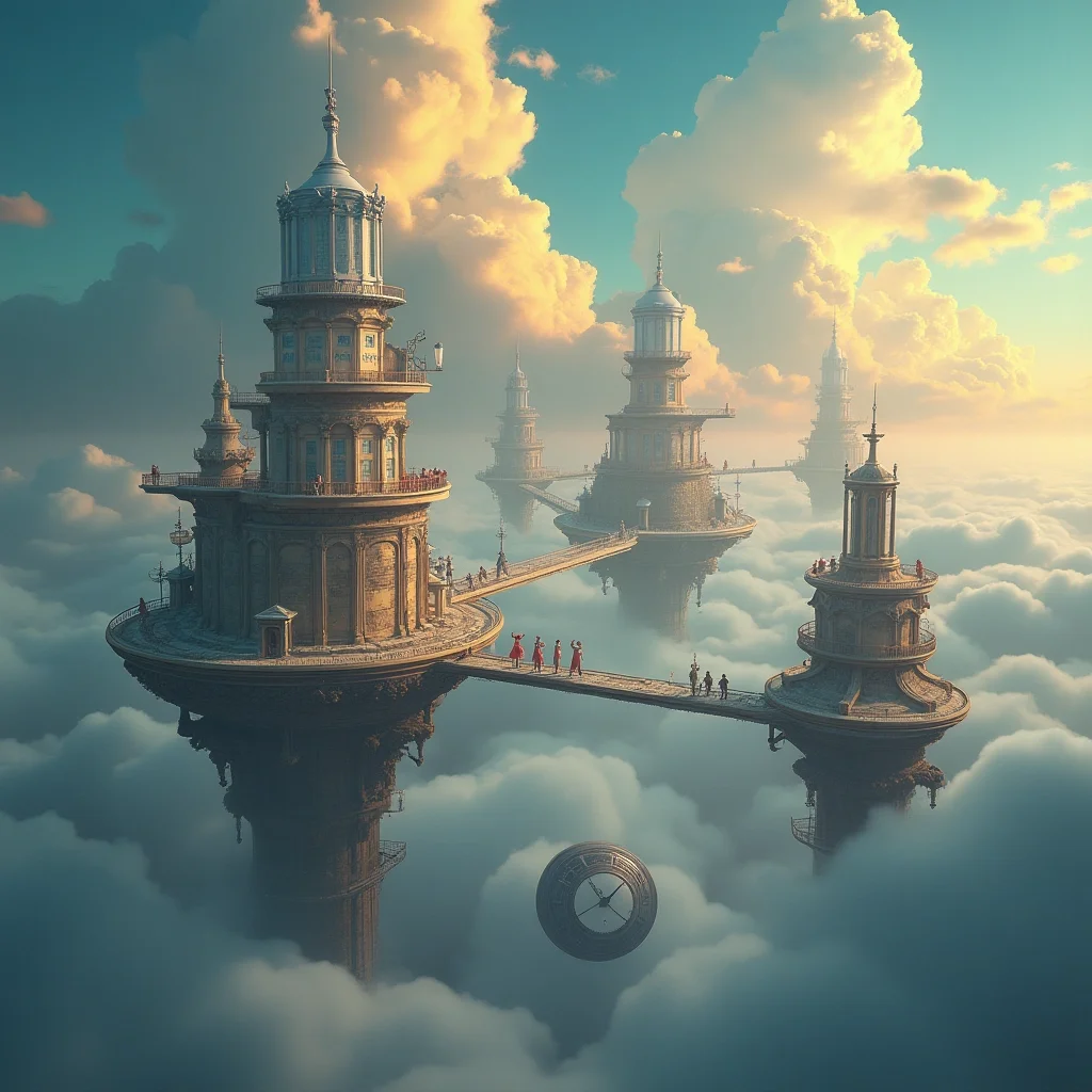 Ciudad surrealista flotante sobre las nubes