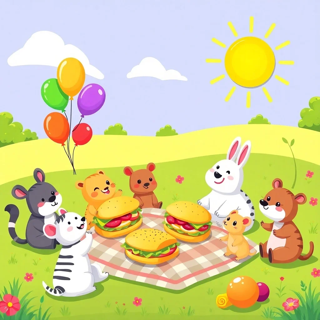 Picnic juguetón de animales en un parque de dibujos animados