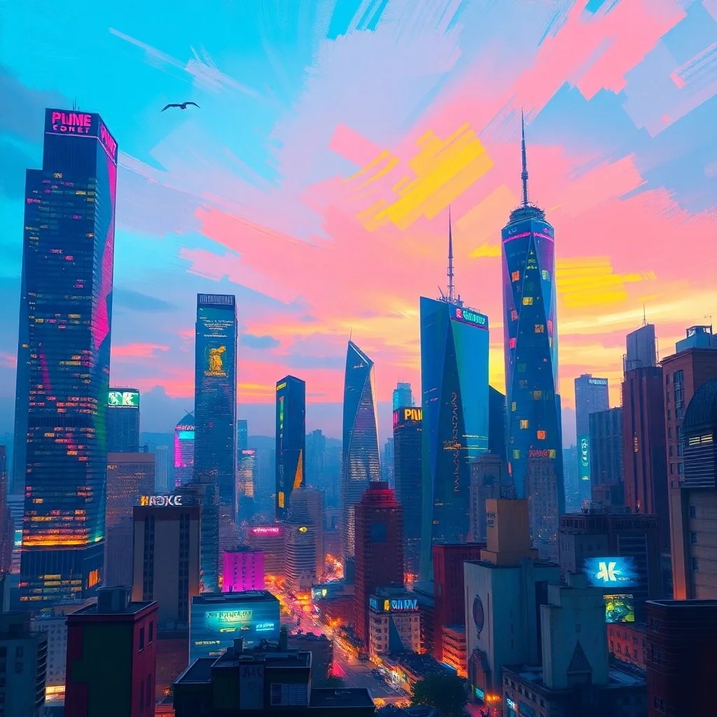 Paisaje Urbano Surrealista Sobrepintado al Atardecer