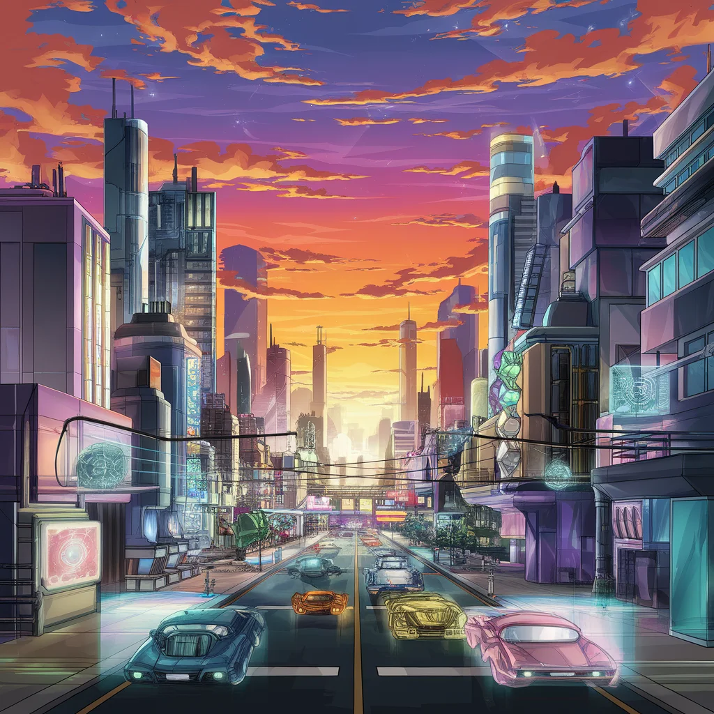 Paisaje Urbano Futurista de Anime Neon al Atardecer