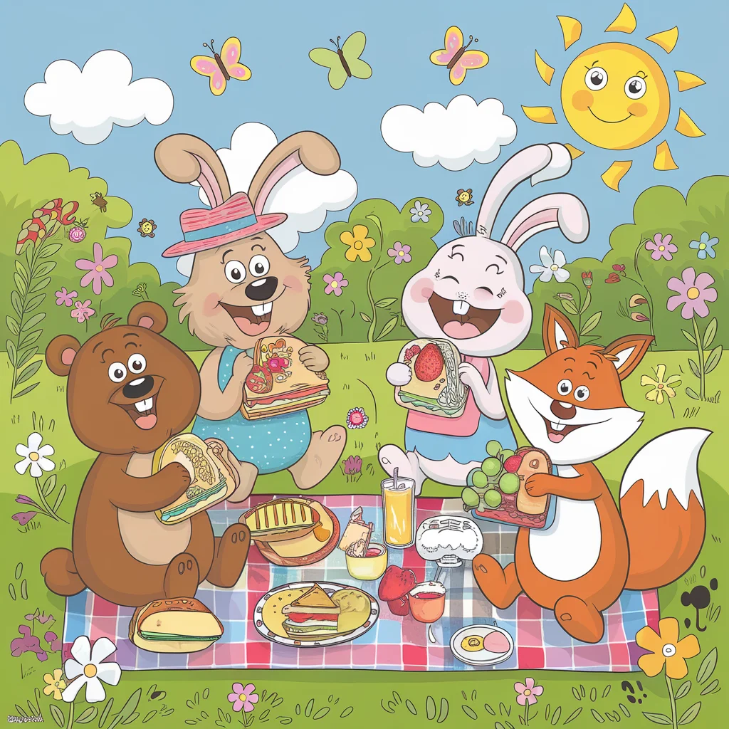 Delicia de picnic de animales de dibujos animados
