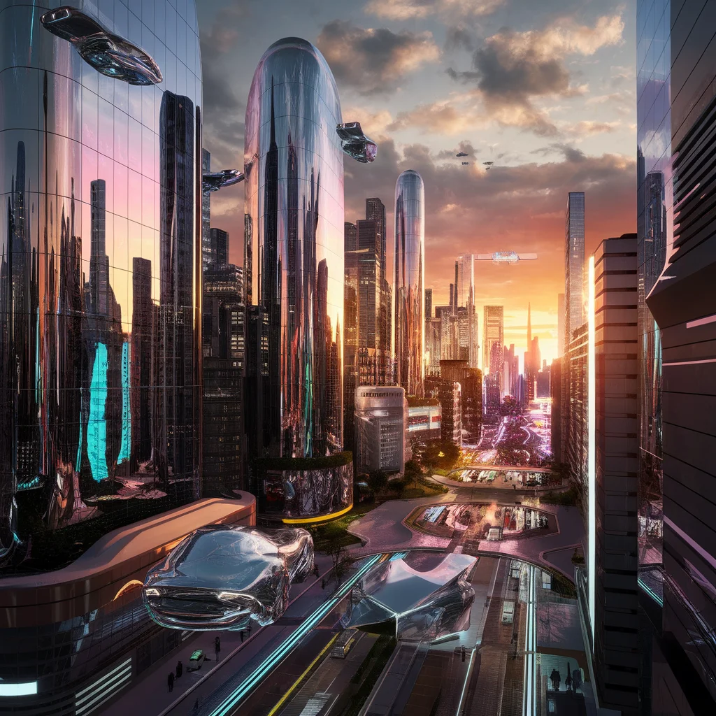 Paisaje Urbano Futurista de Cromo al Atardecer