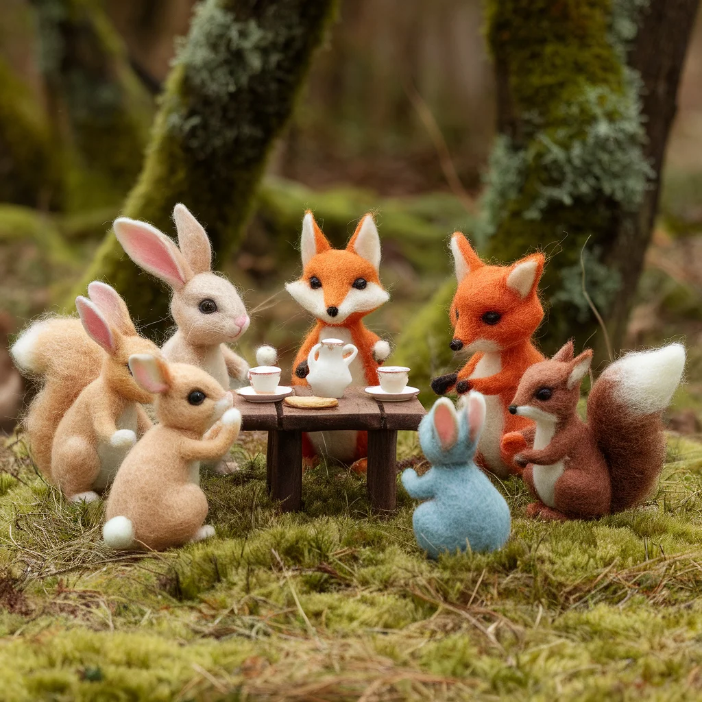 Fiesta de té de animales del bosque en estilo afieltrado