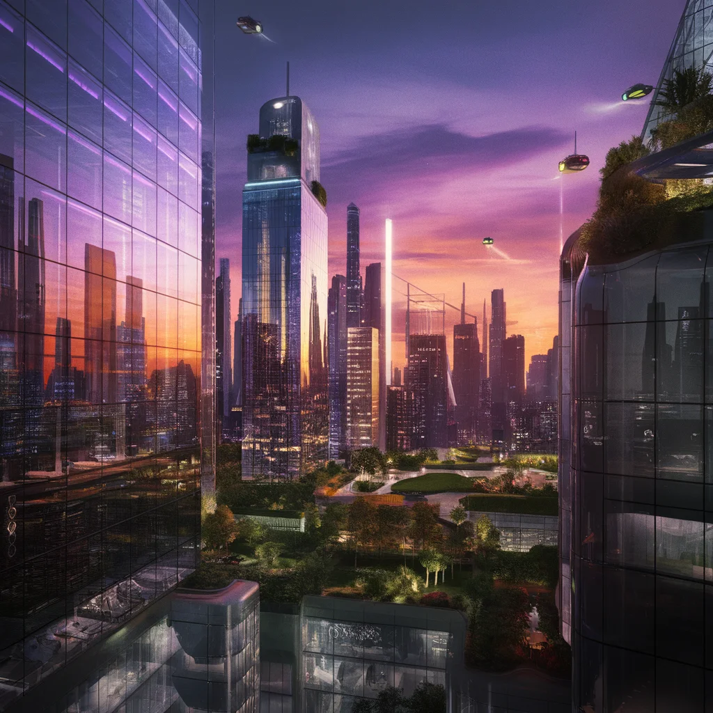 Sueños de Neón: Paisaje Urbano Futurista al Atardecer
