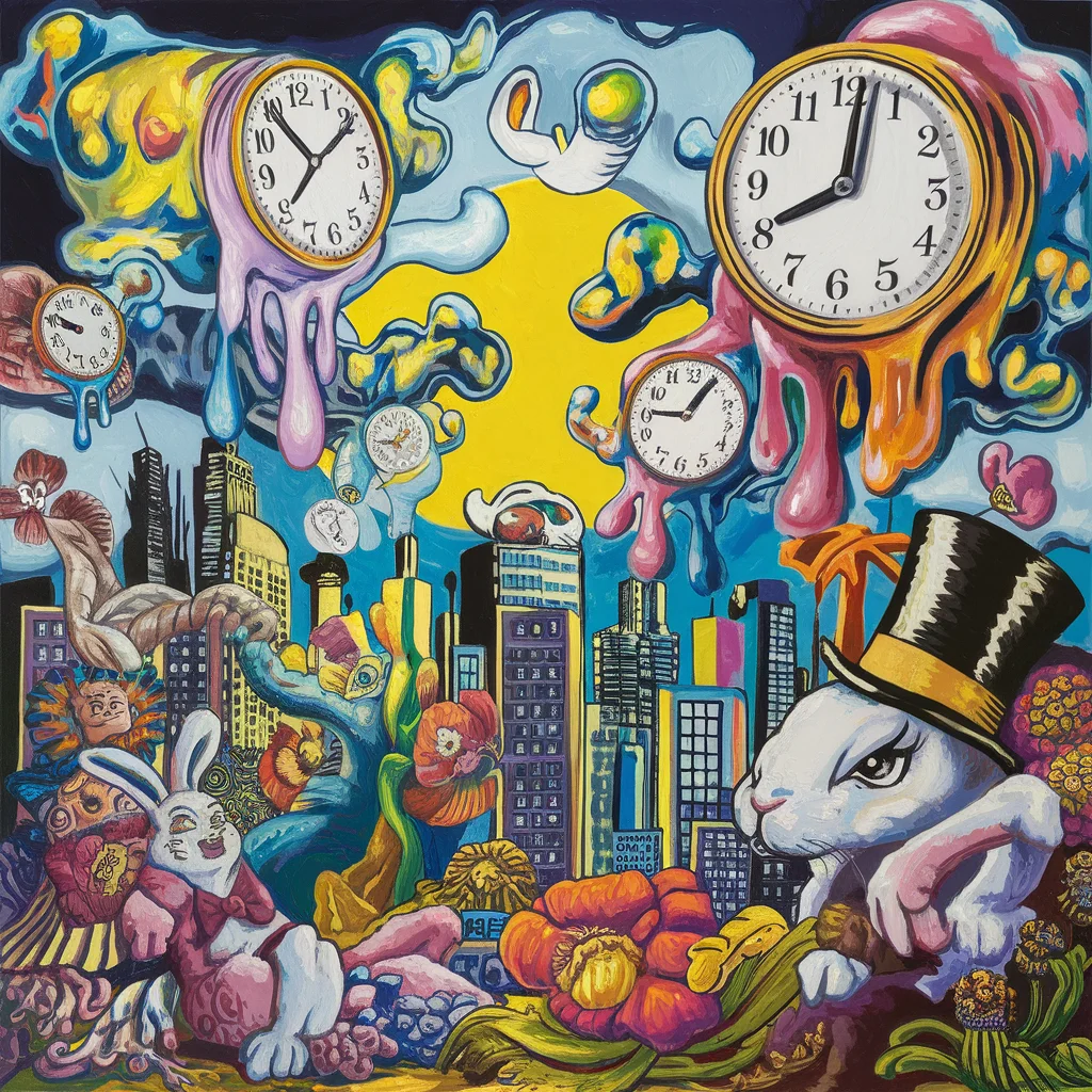 Relojes derretidos sobre ciudad surrealista