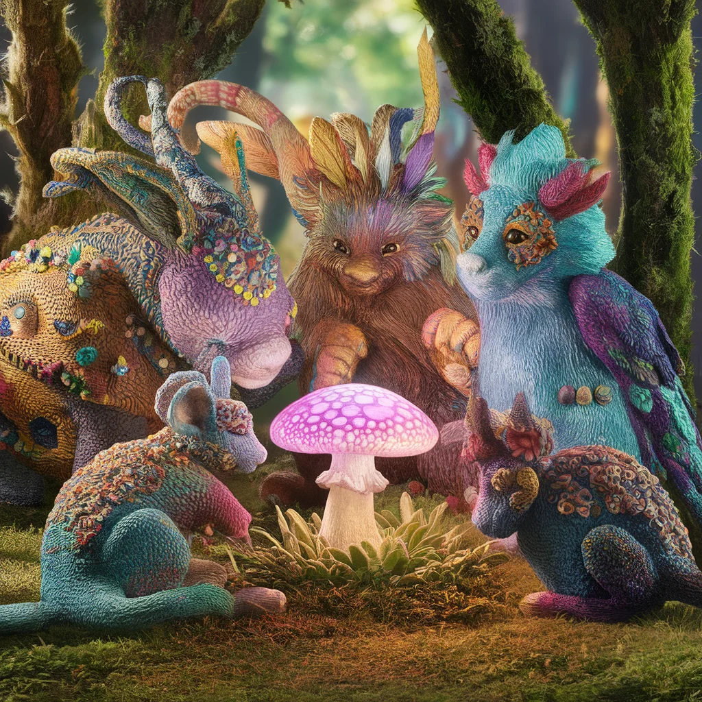 Animales texturizados y fantásticos en un bosque de ensueño