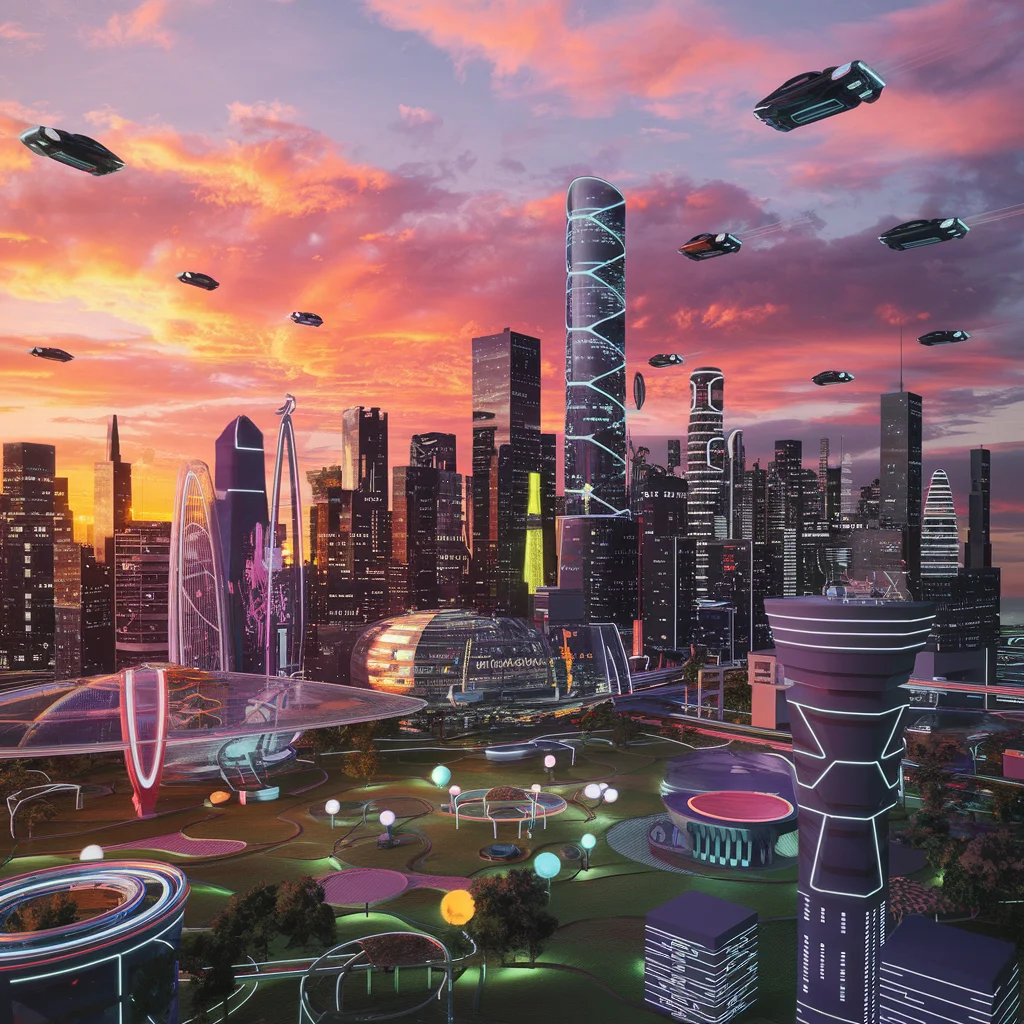 Futuristická mestská panoráma pri západe slnka v 3D