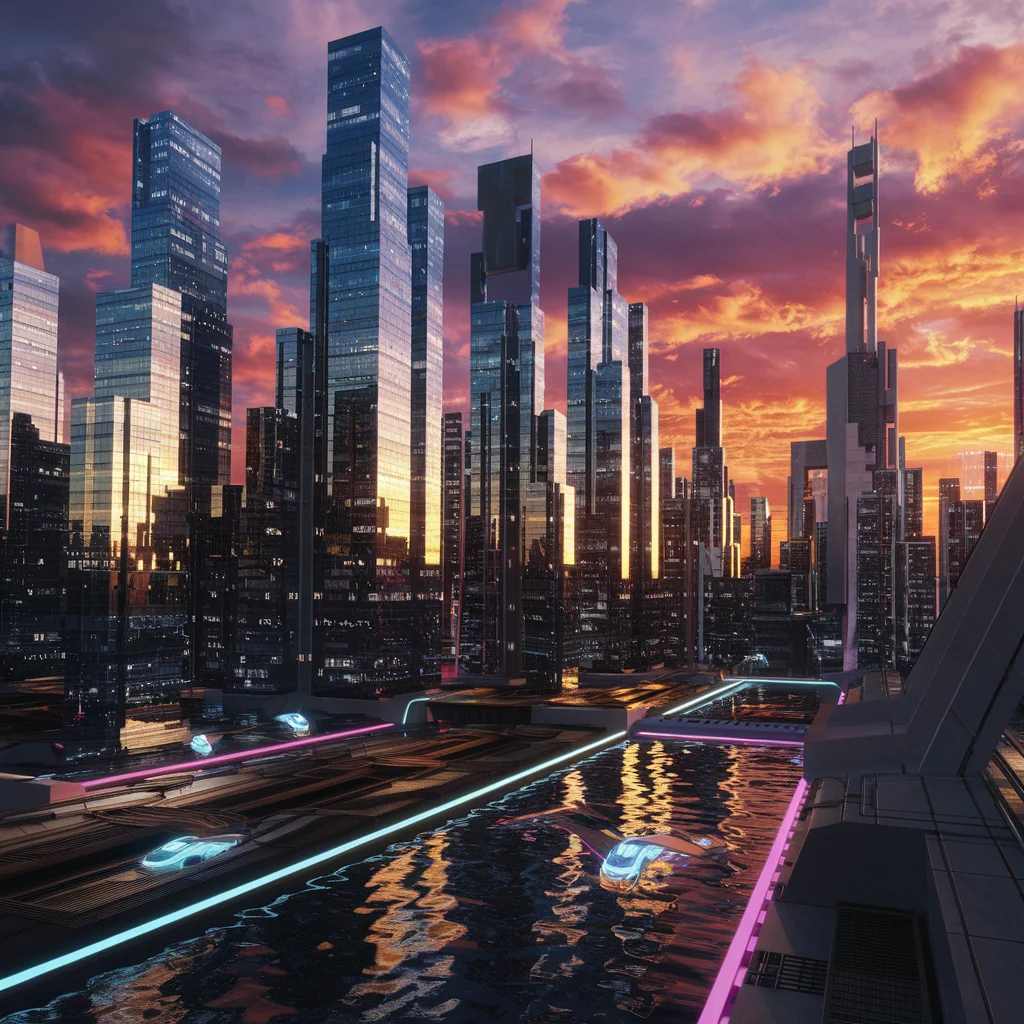 Horizonte de Ciudad Futurista al Atardecer