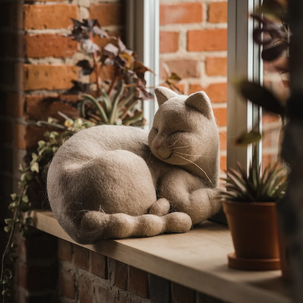 Gato de lana afieltrada bajo la luz del sol