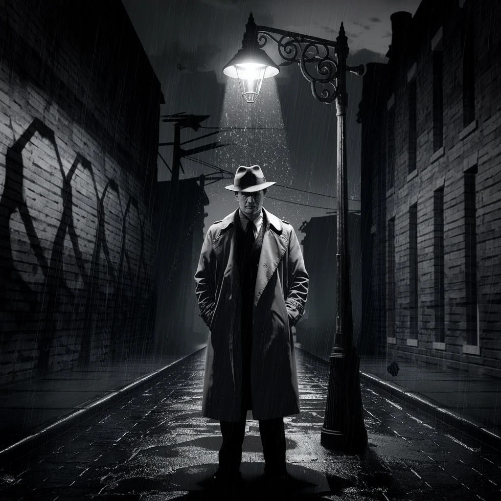 Detective noir en la calle lluviosa a medianoche