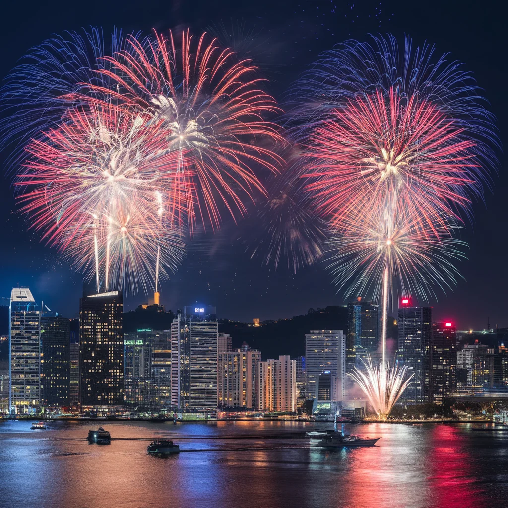 Espectaculares fuegos artificiales sobre el horizonte de la ciudad