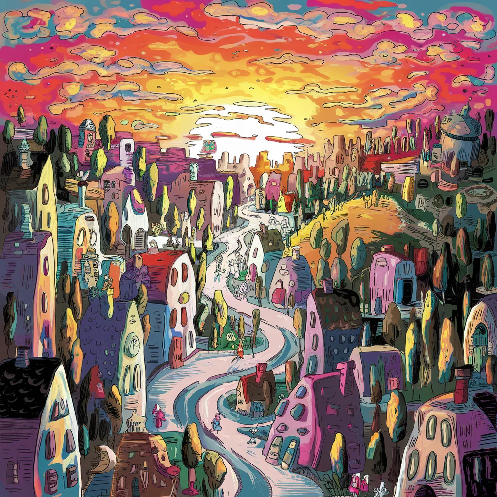 Paisaje Urbano Caprichoso Dibujado a Mano al Atardecer