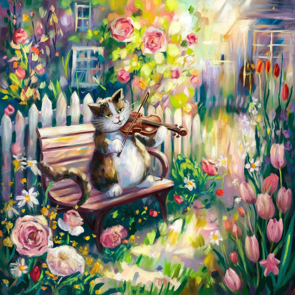 Gato violinista fantasioso en un jardín primaveral