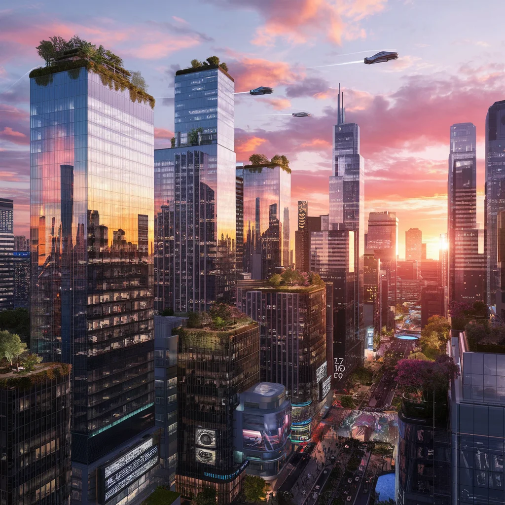 Horizonte de ciudad futurista al atardecer