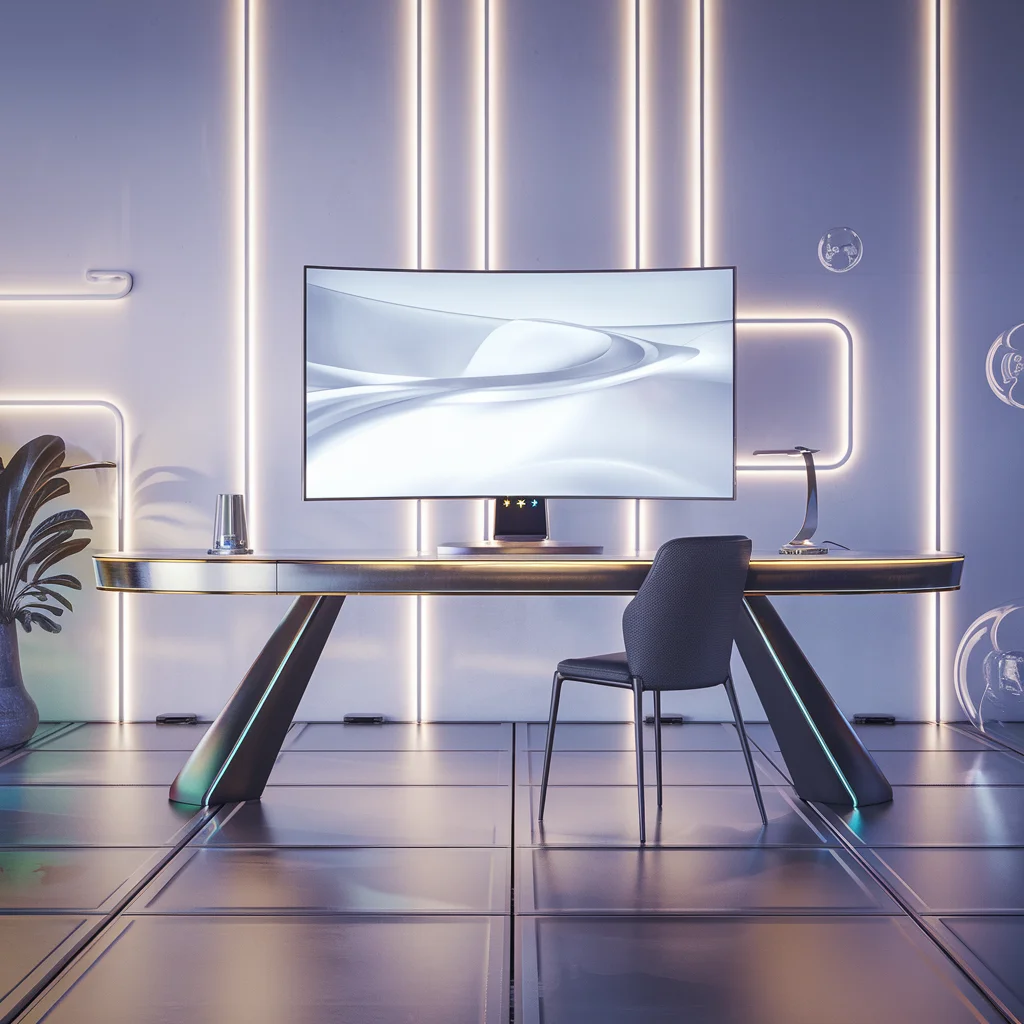Espacio de trabajo futurista minimalista en 3D elegante