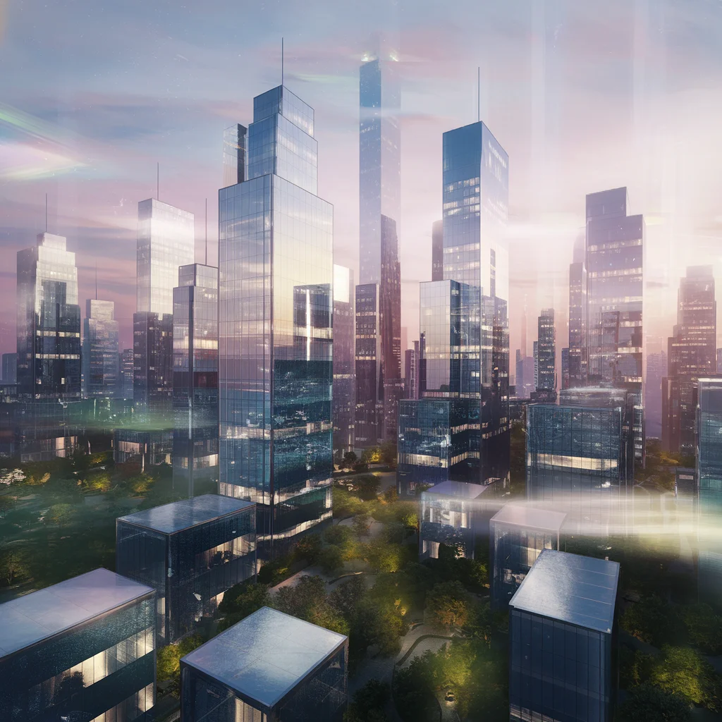 Crepúsculo Prismático: Ciudad Futurista en 3D Suave