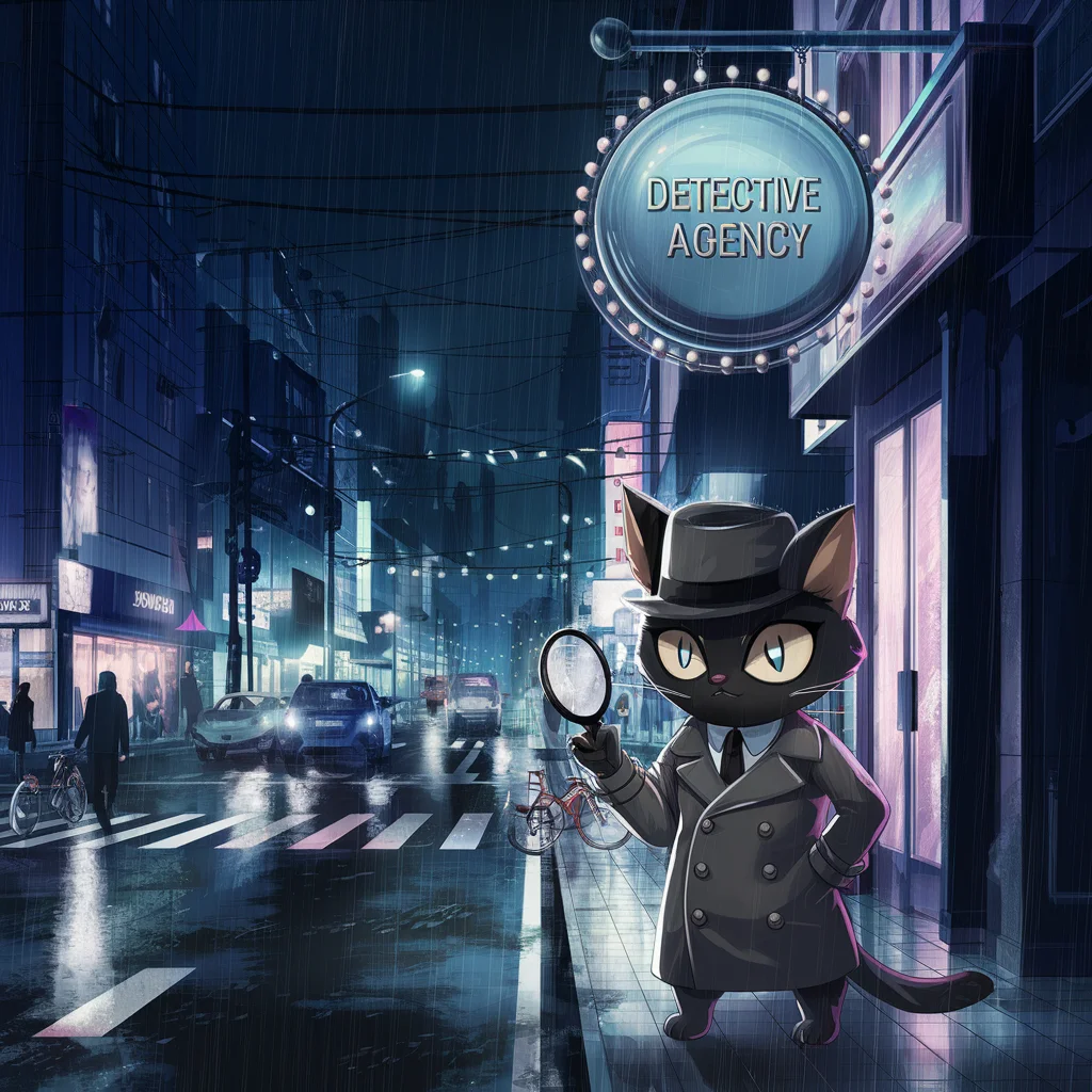 Gato detective caprichoso en la ciudad anime neón