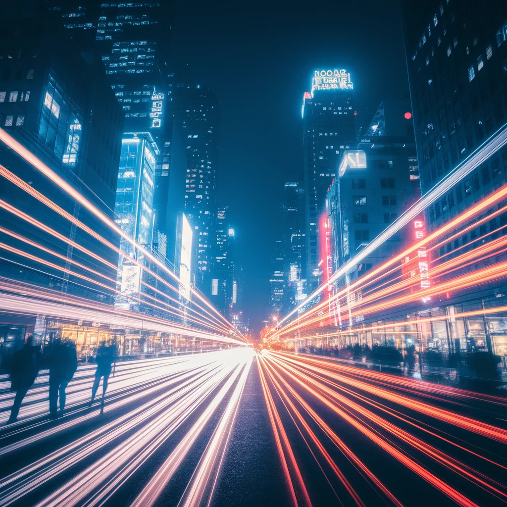 Luces de ciudad de ensueño: escena urbana borrosa con larga exposición