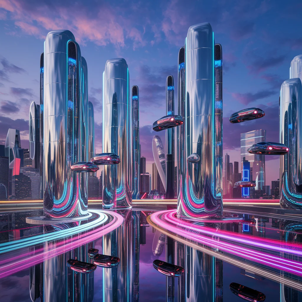 Ciudad de Cromo: Horizonte Futurista al Anochecer