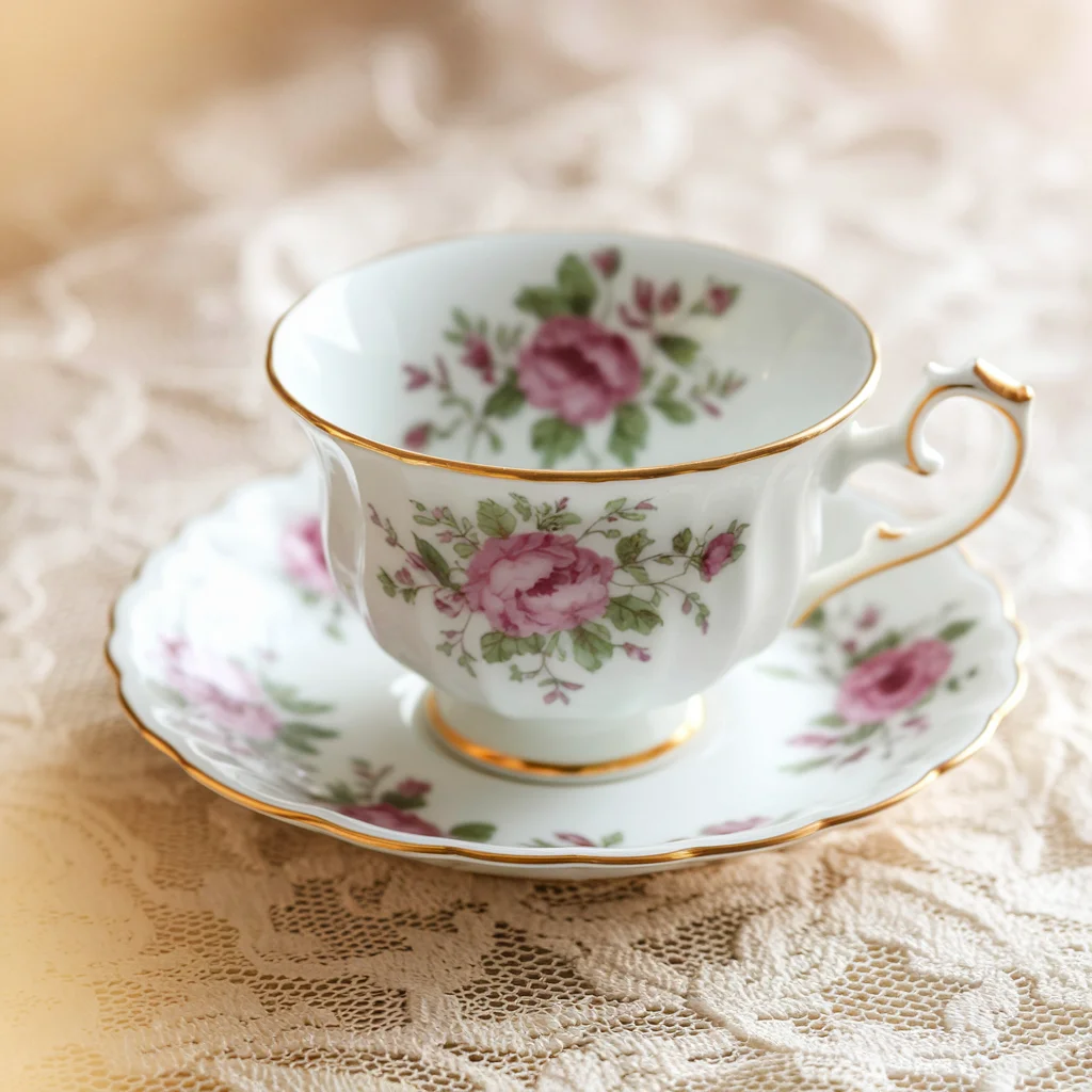 Taza de porcelana sobre mantel de encaje