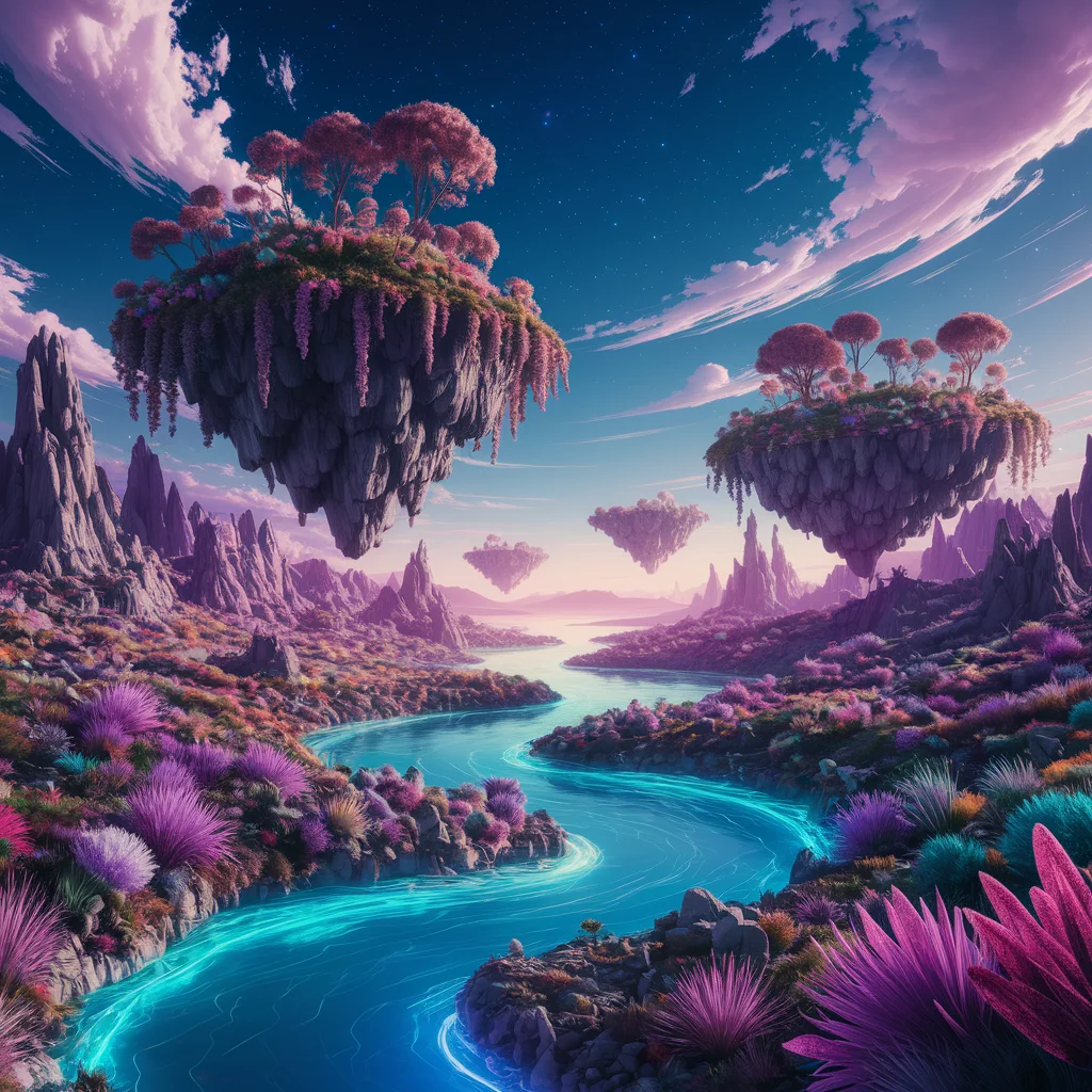 Paisaje Onírico Surrealista: Islas Flotantes y Ríos Brillantes