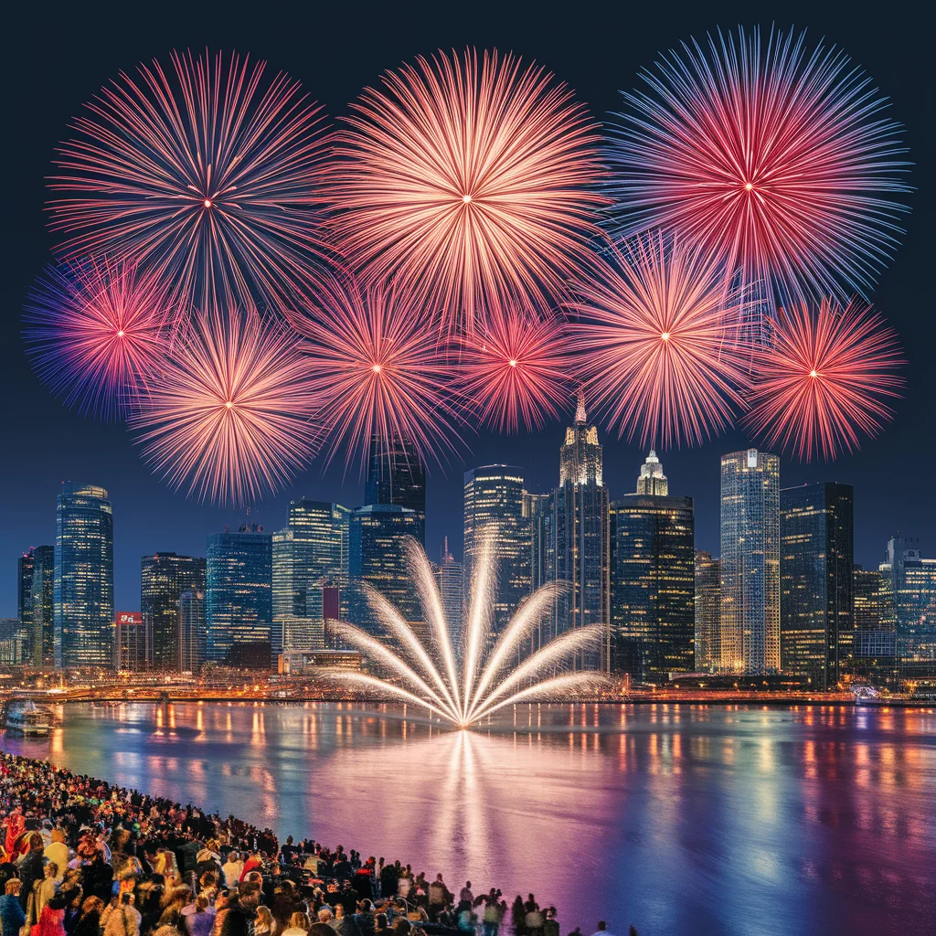 Fuegos artificiales sobre el horizonte de la ciudad