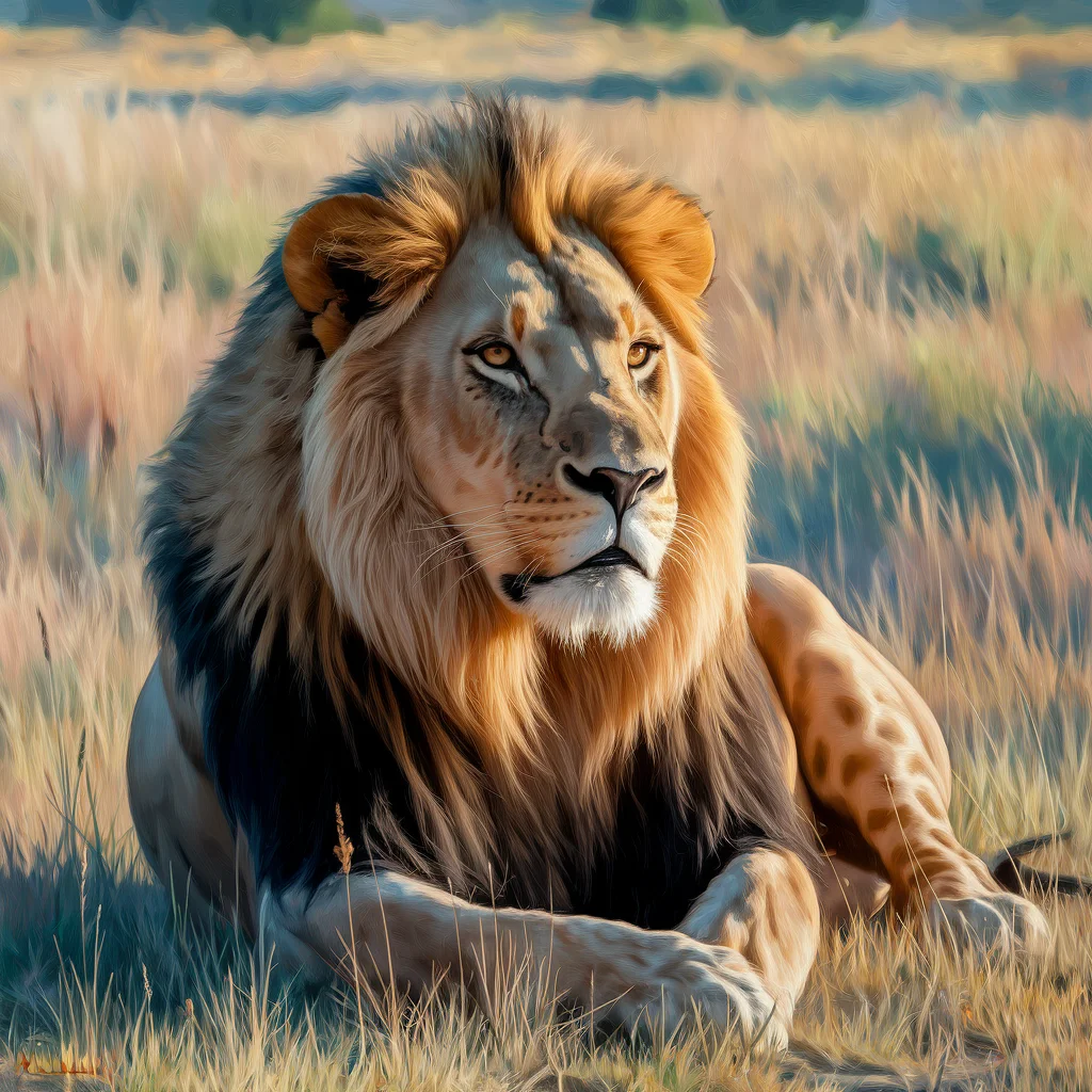 León majestuoso en sabana iluminada por el sol - Pintura al óleo