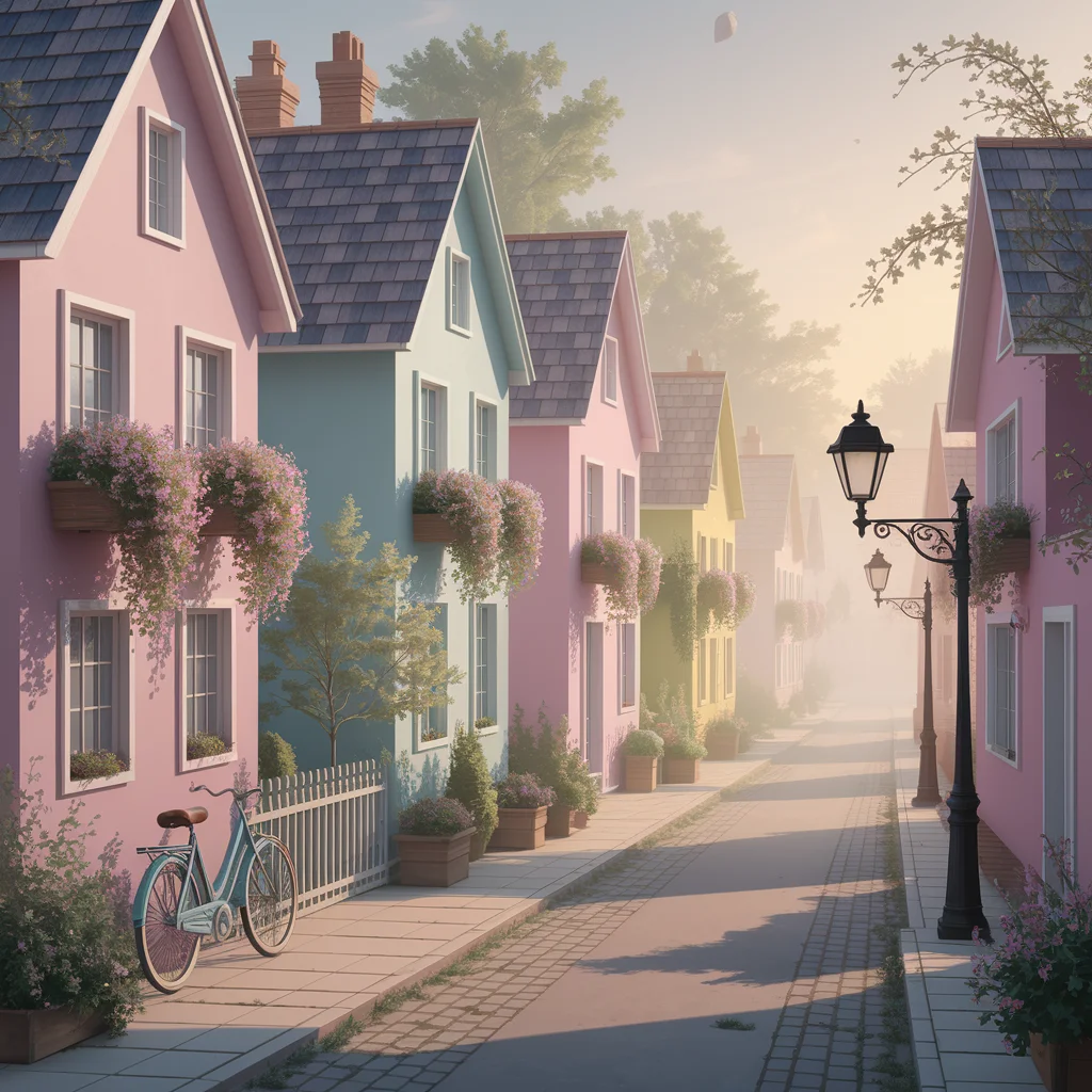 Calle de Pueblo al Amanecer en Tonos Pastel