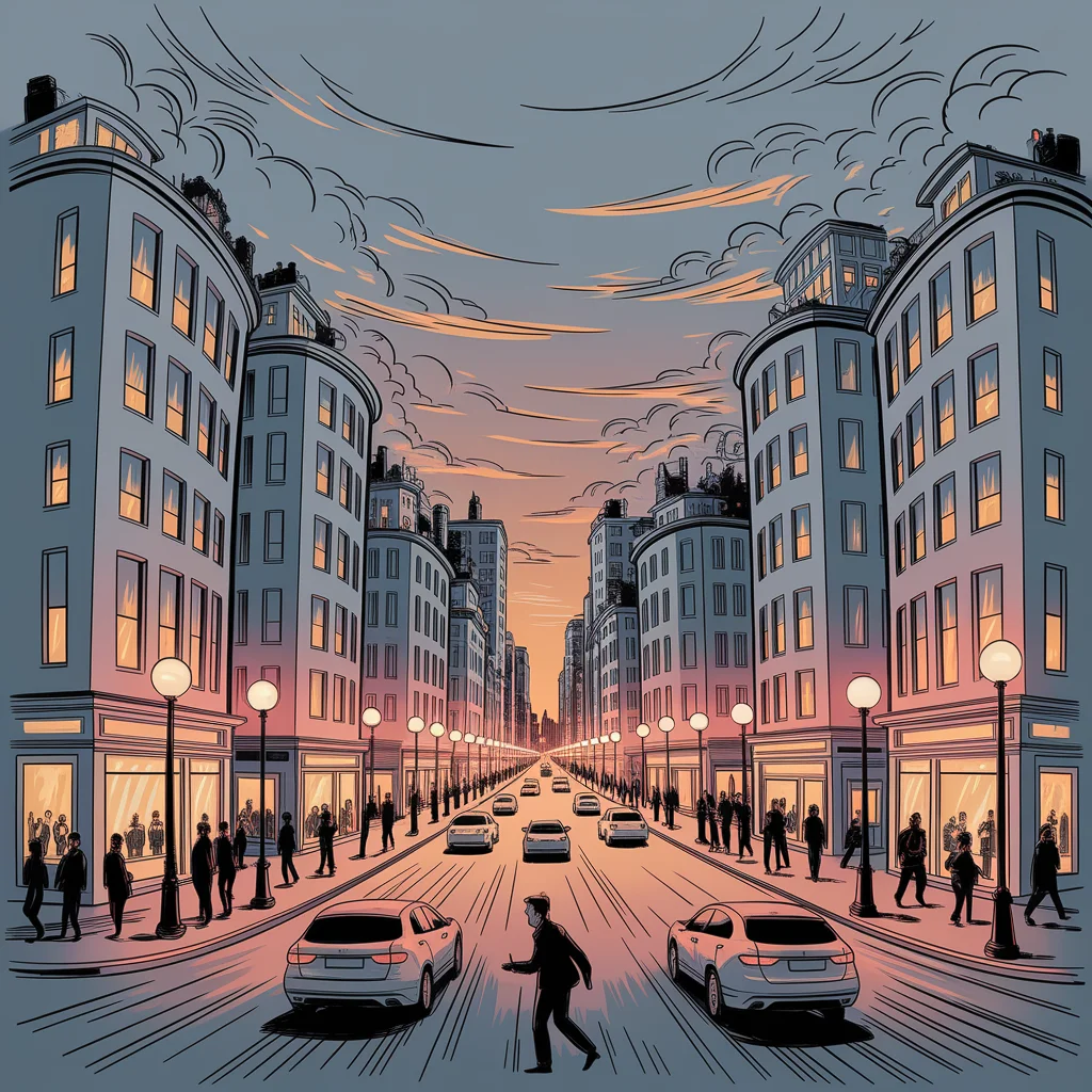Boceto Fantástico de Ciudad al Atardecer