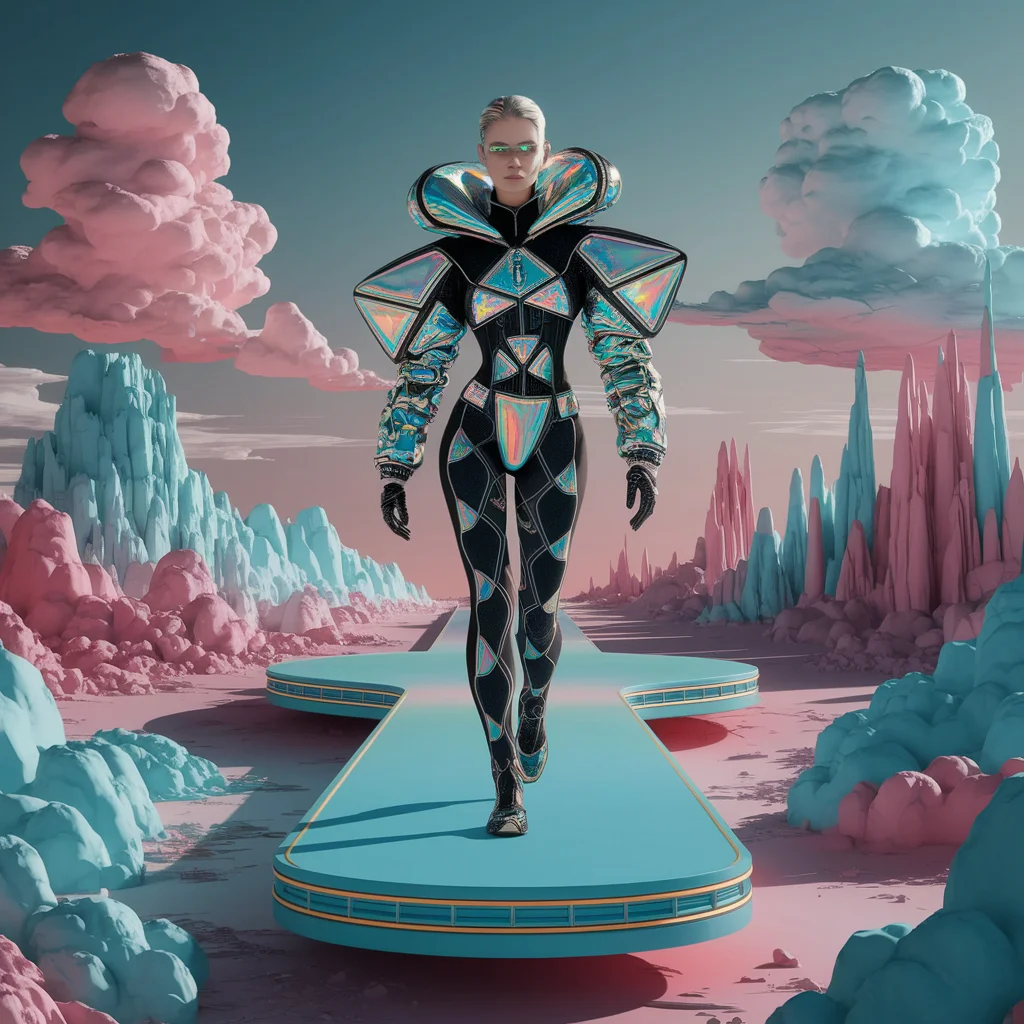 Moda Futurista Surrealista en una Pasarela de Ensueño