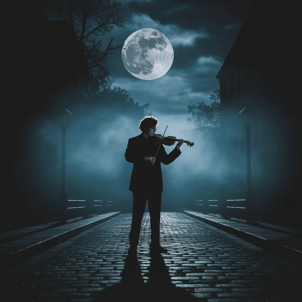 Violinista a la luz de la luna en la niebla