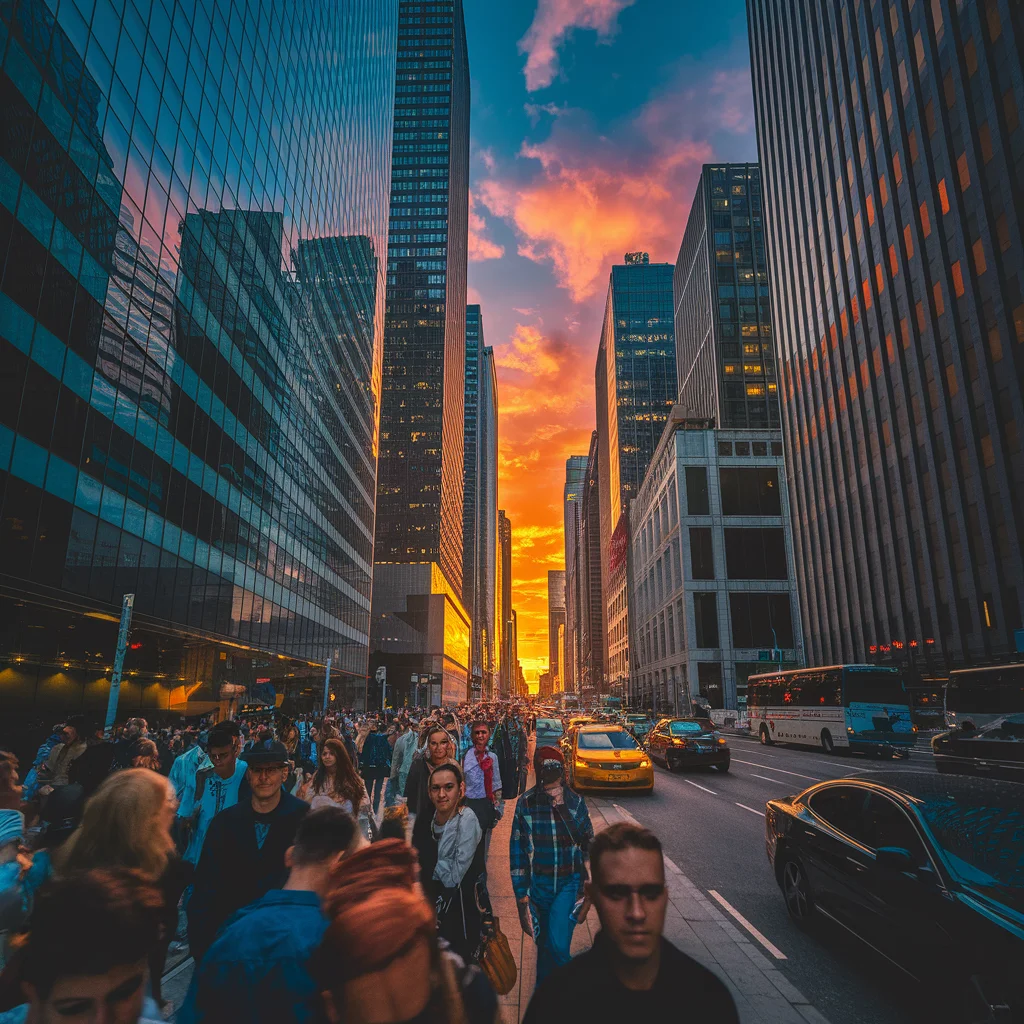 Metrópolis al Atardecer: Vida Urbana en Gran Angular