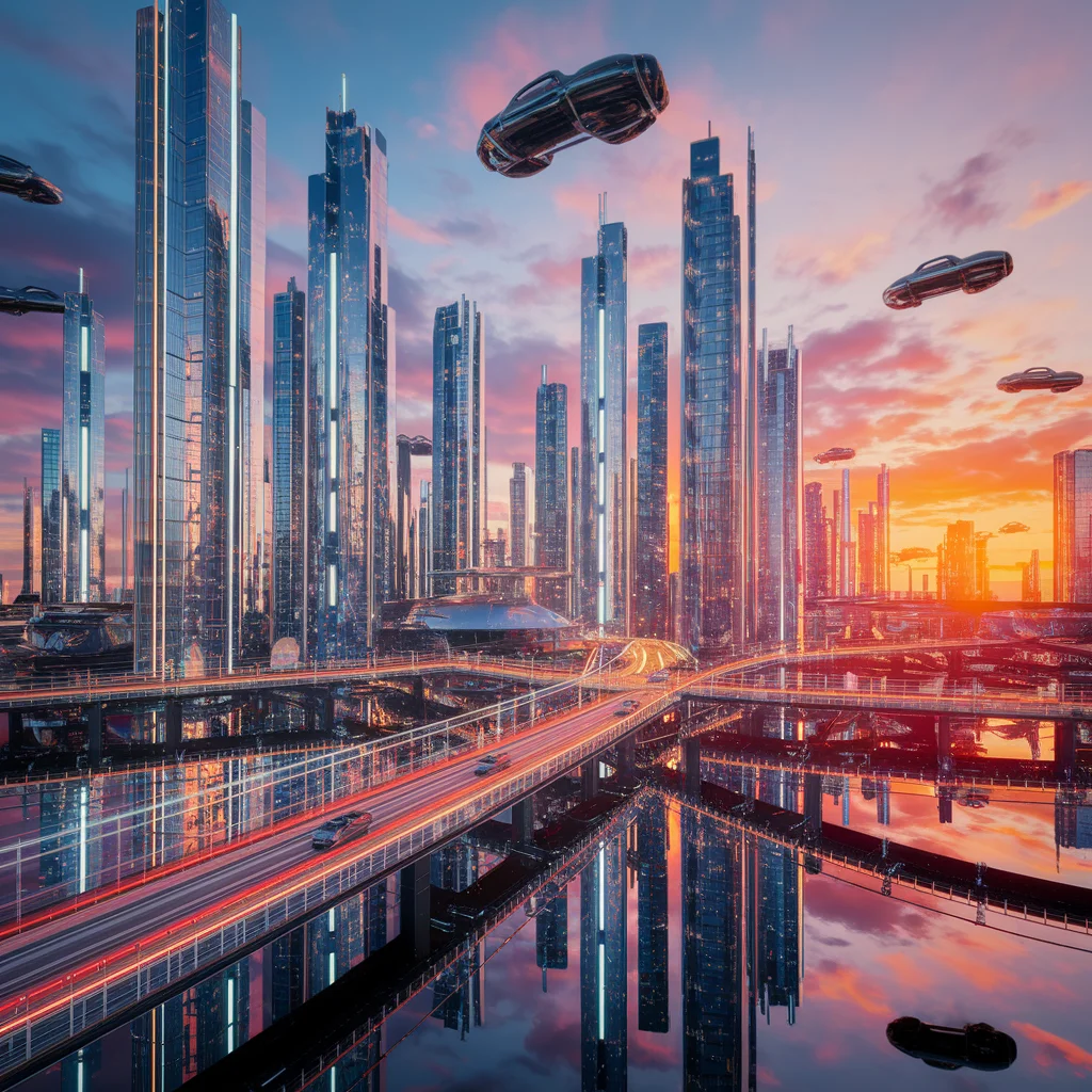 Paisaje urbano futurista al atardecer en 3D