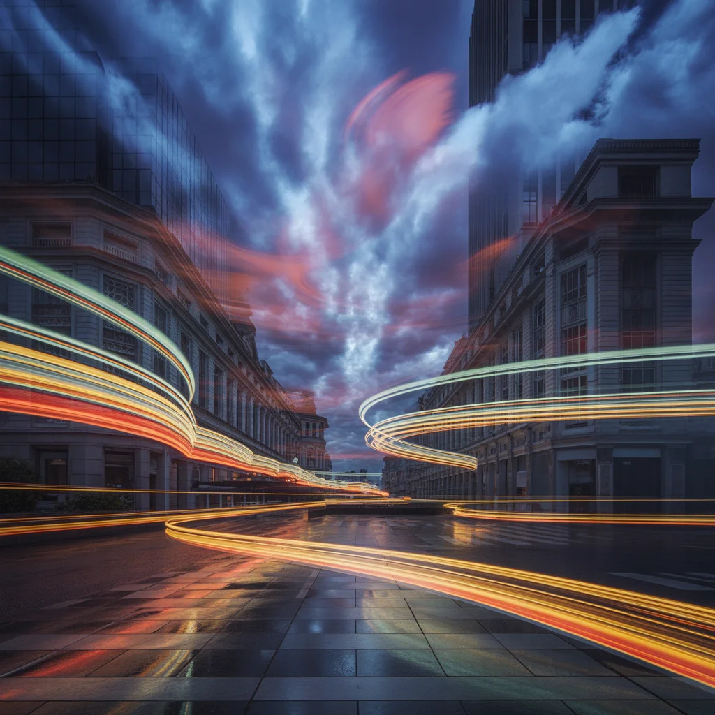 Paisaje Urbano Surrealista al Atardecer: Un Fotograma Abstracto de Película
